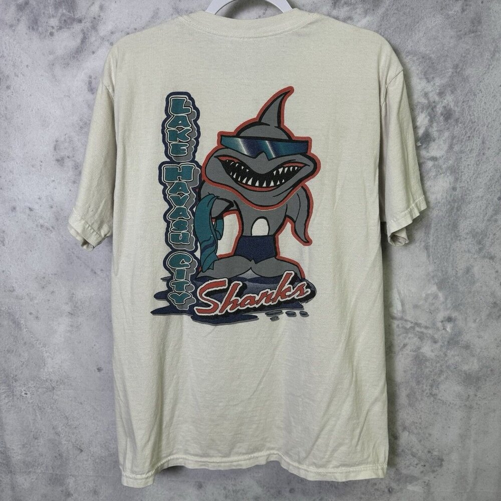 Vintage Lake Havasu Sharks T Shirt Mens Large White Short Sleeve Y2K